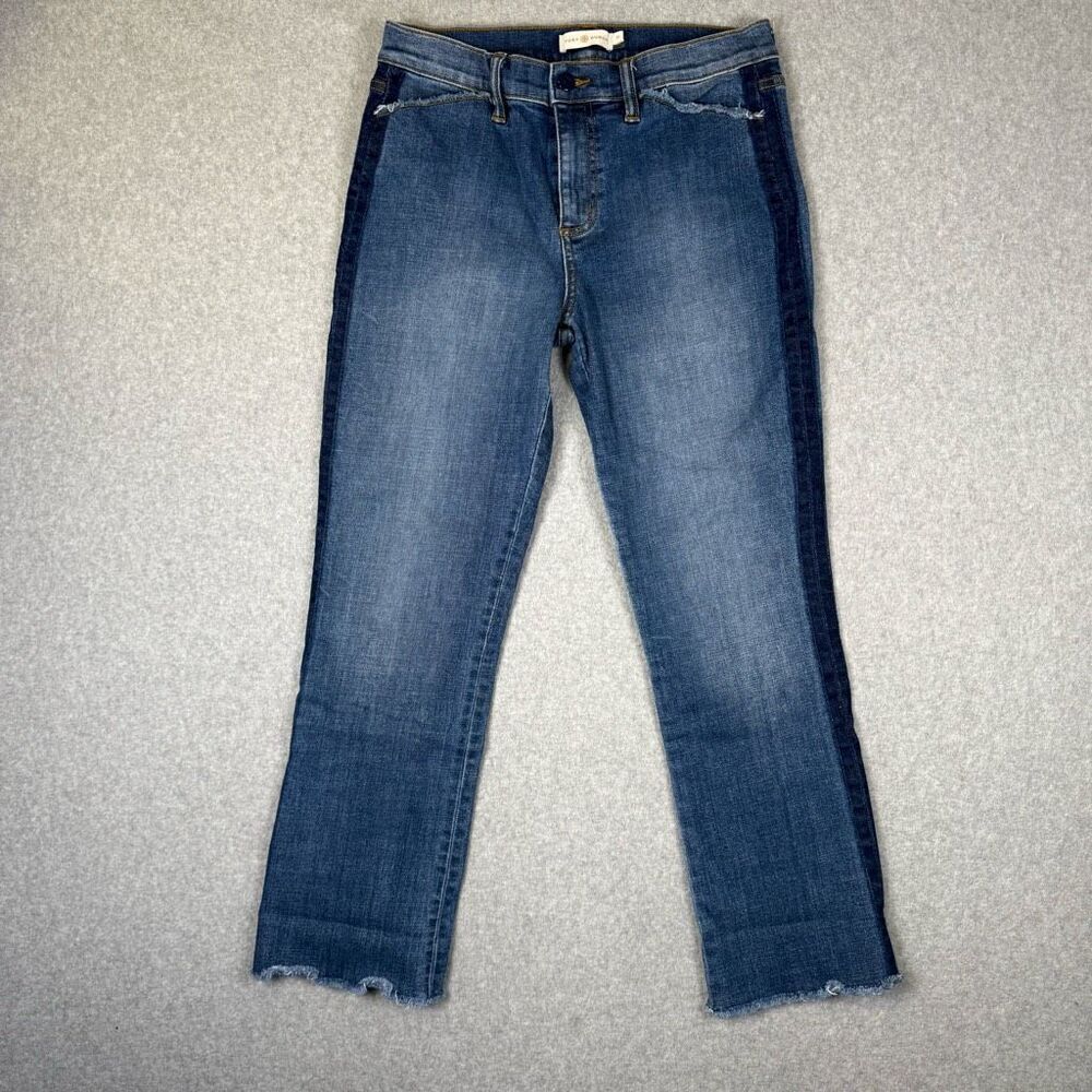 Tory Burch Womens 29 Straight Leg Two Tone Denim Jeans Blue Raw Hem Distressed